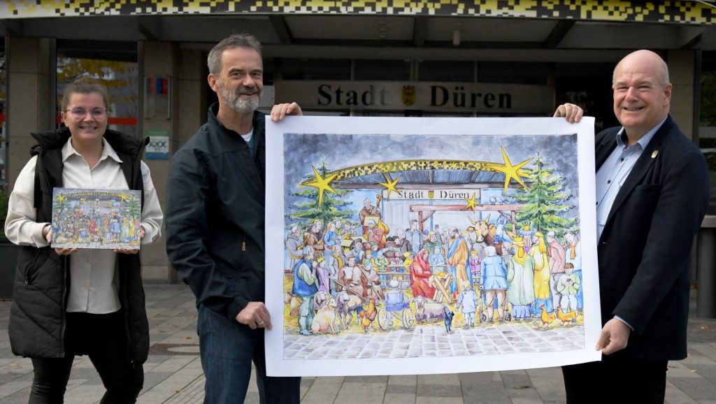 Zusammen mit dem Künstler Ralf Abschlag (2.v.l.) und Maria Kettenis von der Repräsentation der Stadt Düren (l.) stellte Bürgermeister Frank Peter Ullrich jetzt das Motiv des diesjährigen Adventskalenders der Stadt Düren vor.