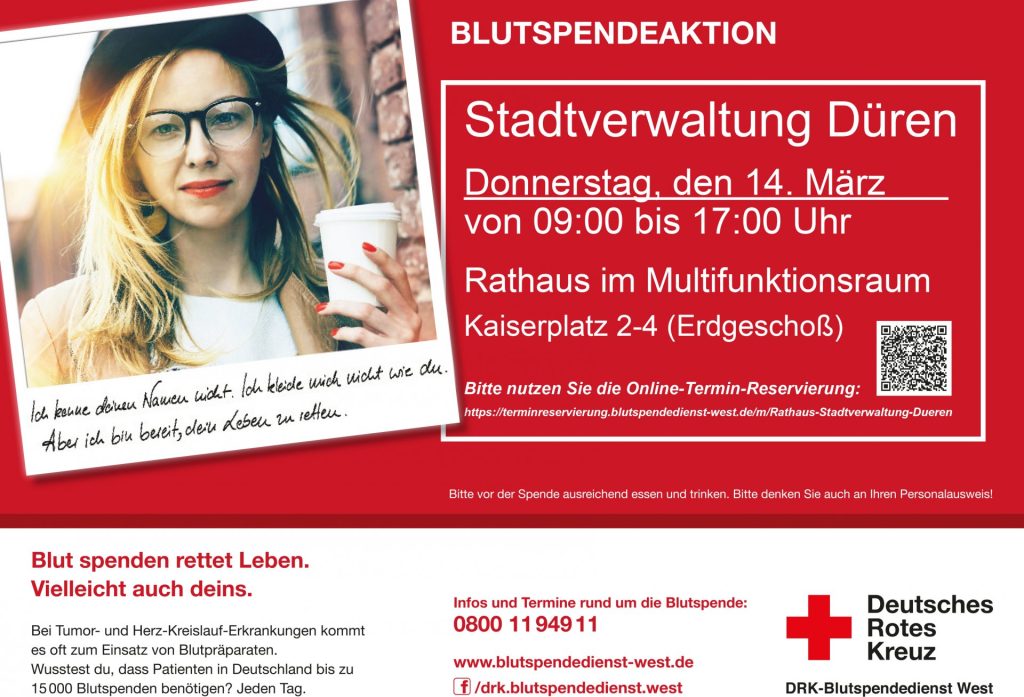 Plakat Blutspendeaktion im Dürener Rathaus am 14. März 2024.