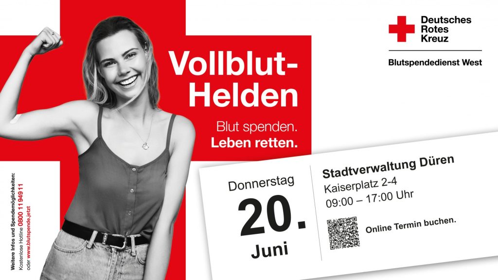 Plakat Blutspendeaktion im Dürener Rathaus am 20. Juni 2024.